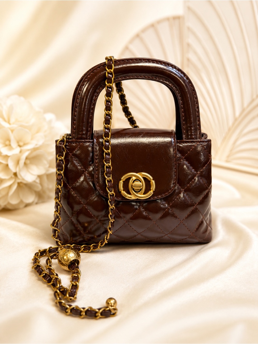 🆕😍 Mocha Quilted Mini Top-Handle Cross Body Bag in with Gold Hardware